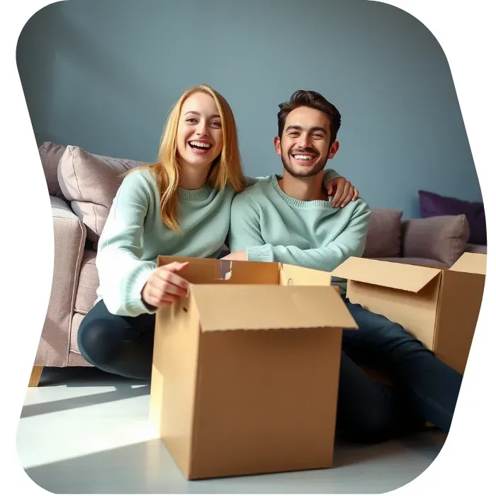 Two guys sitting on the floor of their apartment with Muval moving boxes